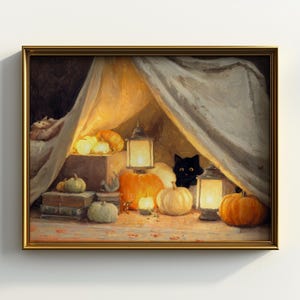 May include: A framed painting shows a warm autumn scene. Inside a draped enclosure, pumpkins of different sizes and colours are lit by lanterns. A black cat peeps out from behind the pumpkins, adding a touch of whimsy to the warm, inviting composition.