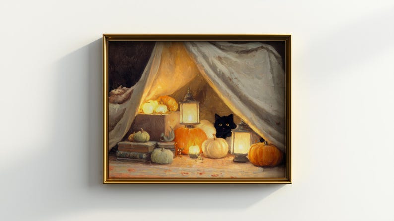 May include: A framed painting shows a warm autumn scene. Inside a draped enclosure, pumpkins of different sizes and colours are lit by lanterns. A black cat peeps out from behind the pumpkins, adding a touch of whimsy to the warm, inviting composition.
