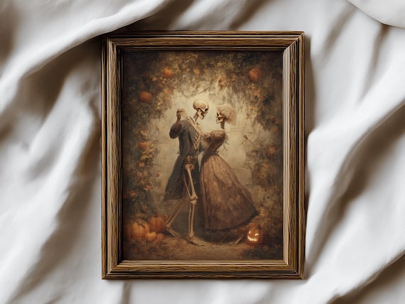 Romantic Skeleton Couple Art | Halloween Decor | Vintage Spooky Love Print | Print Digital Download | Gothic Wall Art | Timeless Affection