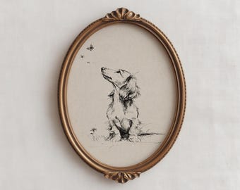 Long Haired Dachshund with Butterflies Art | Minimalist Wiener Dog Sketch | Aesthetic Puppy Line Drawing | Sausage Dog Nursery Decor