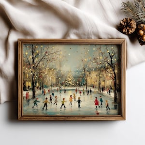 May include: A framed painting depicts an outdoor ice skating scene. Children in colorful coats skate on a frozen pond, surrounded by trees with twinkling lights. A Christmas tree is in the background. The frame is made of wood.