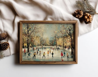 Vintage Ice Skating Rink Art Print: Christmas Town Square (Digital Download)