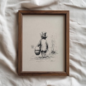 Vintage Leprechaun Sketch St. Patrick’s Day | Antique Leaf Clover Print | Lucky Charm Illustration | Storybook Wall Decor | Digital Download