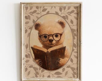 Vintage Reading Bear Print, Woodland Nursery Wall Art, Storybook Animal Print, Cozy Cottagecore Decor, Book Lover Gift, Whimsical Kids Room
