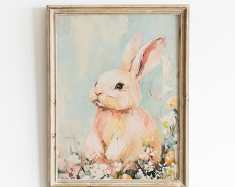 Spring Bunny Wall Art, Vintage Pastel Rabbit Print, Floral Easter Bunny Painting, Cute Animal Wall Art, Nursery Bunny Home Decor