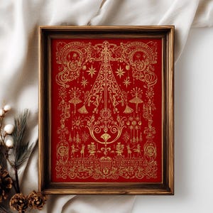 May include: A framed print with a red background and gold-colored ornate design. The design features a Christmas tree, stars, and other festive elements. The frame is made of wood.