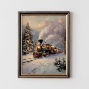 May include: Framed artwork depicting a vintage train traveling through a snowy landscape. The train is decorated with festive greenery and lights, with smoke billowing from its smokestack. A Christmas tree is lit with lights in the background.