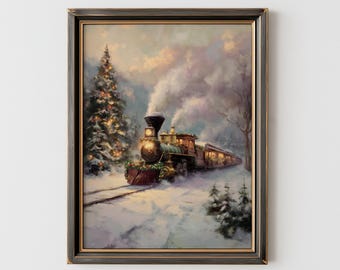 Vintage Christmas Train Painting Print | Snowy Holiday Steam Engine Art | Polar Express Digital Download | Nostalgic Farmhouse Decor