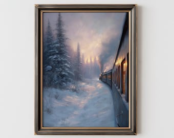 Vintage Winter Train Painting Print | Snowy Forest Steam Engine Art | Rustic Polar Express Digital Download | Holiday Wall Decor