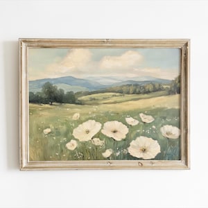 Wildflower Meadow Landscape Wall Art | Digital Vintage Field Painting | Countryside Nature Printable | Cottagecore Rustic Decor | Floral art