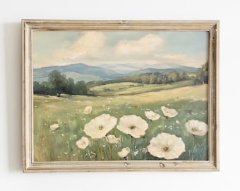 Wildflower Meadow Landscape Wall Art | Digital Vintage Field Painting | Countryside Nature Printable | Cottagecore Rustic Decor | Floral art
