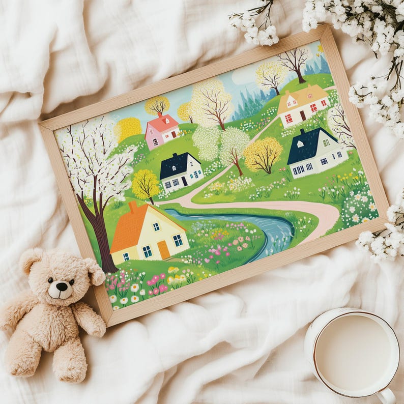 May include: A framed illustration of a quaint village with colorful houses, winding paths, and a blue stream. The houses are surrounded by lush green trees and flowers in bloom. The illustration is set against a light blue sky.