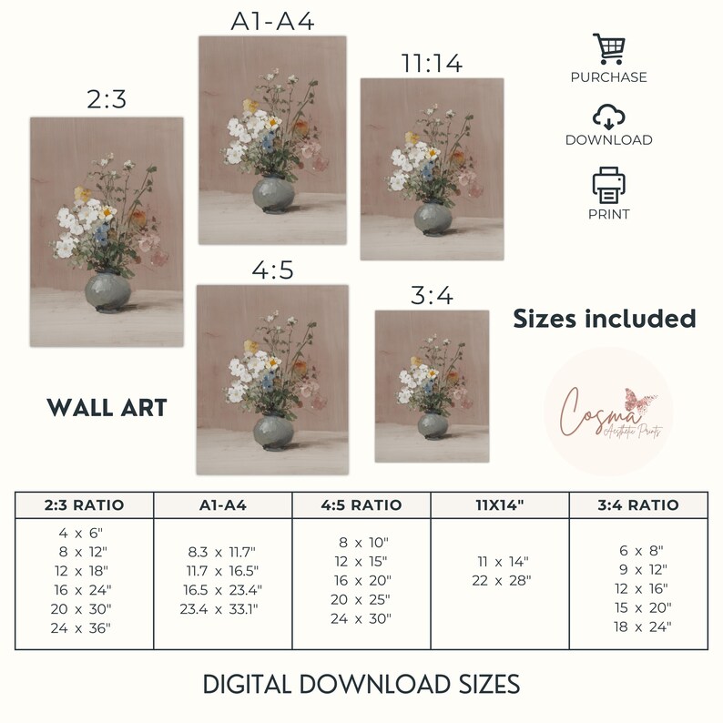 May include: Digital wall art featuring a still life of colorful wildflowers in a gray vase. The image is available in multiple aspect ratios and sizes, including 4x6 inches to 24x36 inches. The text "WALL ART" is displayed.
