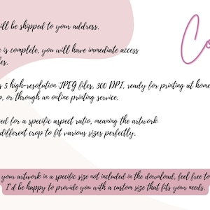 May include: A pink and white graphic with text that reads "No physical item will be shipped to your address. Once your purchase is complete, you will have immediate access to download your files. Your order includes 5 high-resolution JPEG files, 300 DPI, ready for printing at home, at a local print shop, or through an online printing service. Each file is optimised for a specific aspect ratio, meaning the artwork may have a slightly different crop to fit various sizes perfectly. If you need your artwork in a specific size not included in the download, feel free to contact me. I'd be happy to provide you with a custom size that fits your needs." The graphic also includes a pink butterfly with glitter accents and the text "Cosma Aesthetic Prints".
