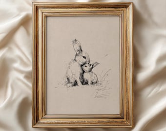 Vintage Mother and Baby Rabbit Sketch | Antique Bunny Wall Art | Neutral Nursery Decor | Cottagecore Nursery Print | Digital Download