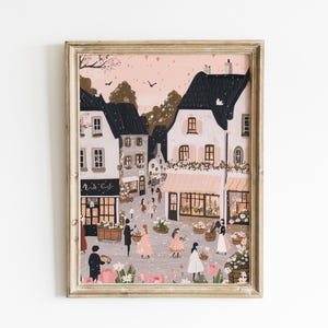 Cottagecore Village Wall Art, Folk Art Print, Cozy Spring Street, Vintage Storybook Illustration, Digital Download, Rustic Aesthetic Decor