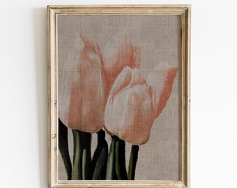 Vintage Tulip Wall Art Print, Botanical Flower Painting, Textured canvas background, Cottagecore Floral Decor, Pink Tulip Print