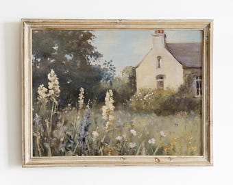イングリッシュコテージガーデンの油絵、ヴィンテージフローラル風景ウォールアート、カントリーハウスの草原の印刷物、素朴な農家風装飾のダウンロード