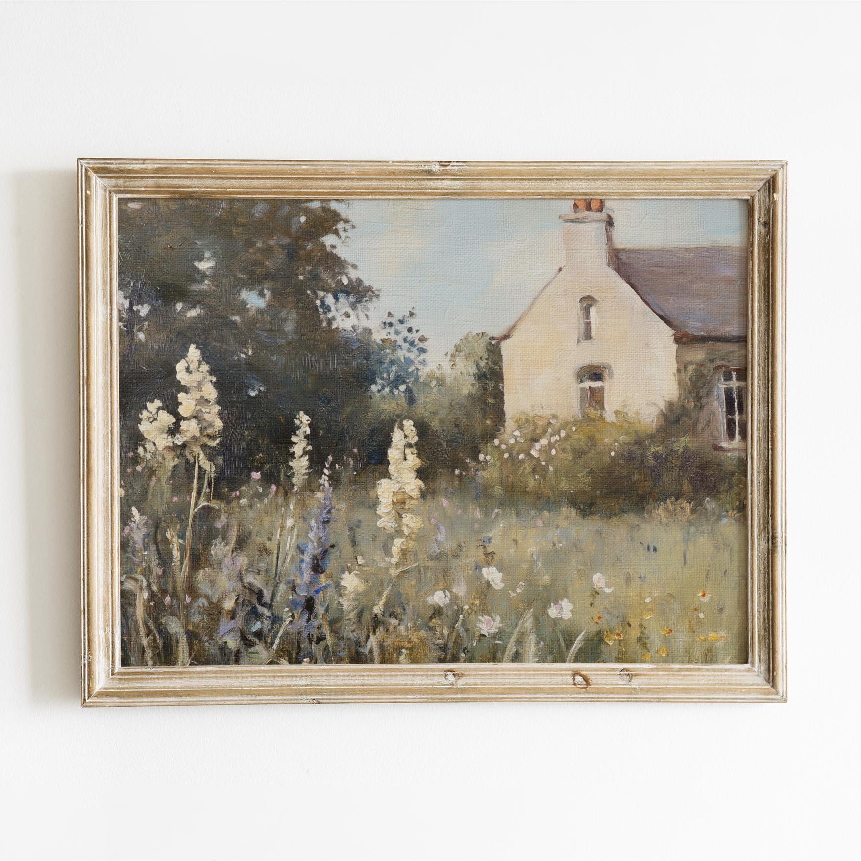 English Cottage Garden Oil Painting, Vintage Floral Landscape Wall Art ...