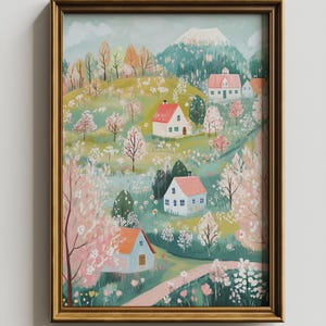 May include: A framed illustration of a whimsical village nestled in a green valley with a snow-capped mountain in the background. The houses are painted in soft pastel colors with pink, blue, and white accents. The scene is filled with blooming trees and flowers, creating a vibrant and cheerful atmosphere.