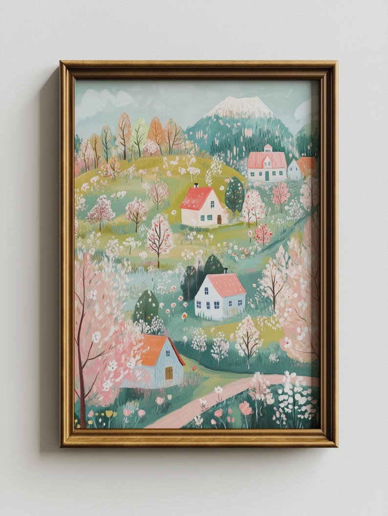 May include: A framed illustration of a whimsical village nestled in a green valley with a snow-capped mountain in the background. The houses are painted in soft pastel colors with pink, blue, and white accents. The scene is filled with blooming trees and flowers, creating a vibrant and cheerful atmosphere.