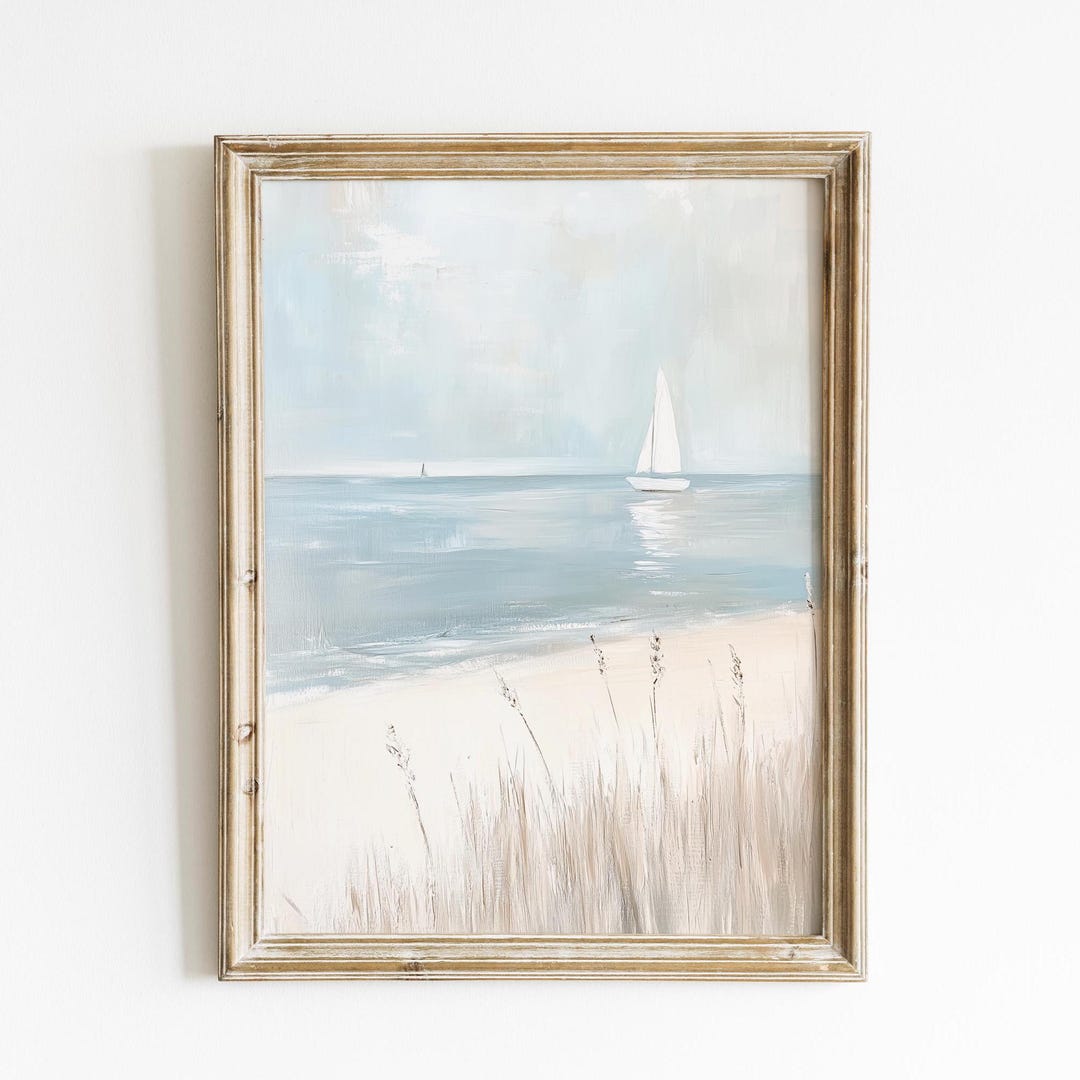 Vintage Coastal Sailboat Wall Art, Neutral Ocean Beach Painting Print ...