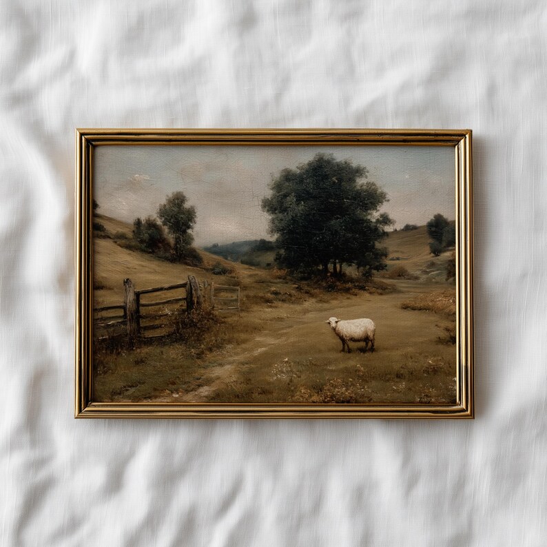 Vintage Sheep Oil Painting | Antique Countryside Landscape Art | Muted ...