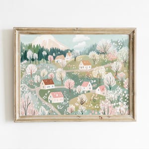 Peut inclure: Une peinture à l'aquarelle d'un village pittoresque niché dans une vallée verdoyante avec une montagne en arrière-plan. Les maisons sont peintes dans des tons de rose, de blanc et de brun, et les arbres sont en fleurs avec des fleurs roses et blanches.