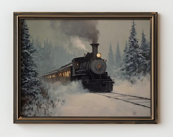 Vintage 19th-Century Steam Train Painting Print | Snowy Wilderness Railway Art | Polar Express Digital Download | Moody Winter Decor