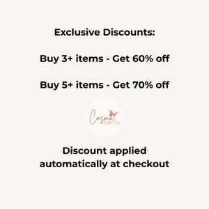 May include: An image with text promoting exclusive discounts. It reads "Buy 3+ items - Get 60% off" and "Buy 5+ items - Get 70% off." The text "Discount applied automatically at checkout" is also present, along with a logo.