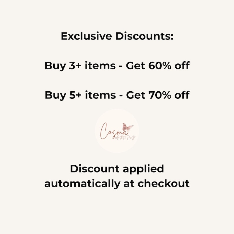 May include: An image with text promoting exclusive discounts. It reads "Buy 3+ items - Get 60% off" and "Buy 5+ items - Get 70% off." The text "Discount applied automatically at checkout" is also present, along with a logo.