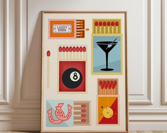 Vintage Matchbox Print, Trendy Matches Poster, Retro Matchbox Wall Art, Mid-Century Modern Lucky Charm Artwork, Instant Download