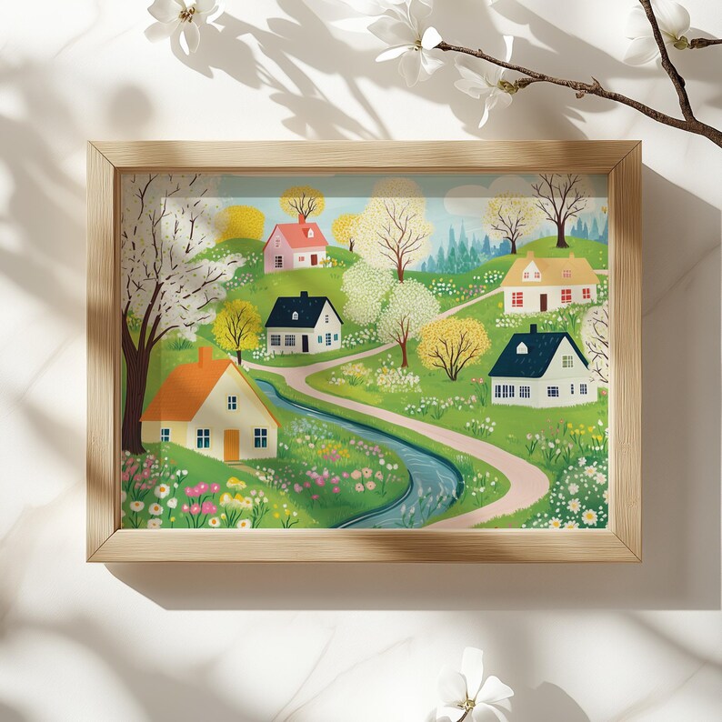 May include: A colorful illustration of a quaint village with houses in shades of blue, pink, and yellow, surrounded by lush green trees and a winding stream. The houses have white trim and red roofs, and the trees are in full bloom with pink and white flowers.