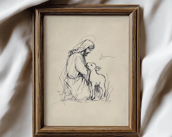 Jesus the Good Shepherd Print | Vintage Kneeling Christ Ink Sketch | Christian Wall Art | Lamb of God Minimalist Decor | Religious Print