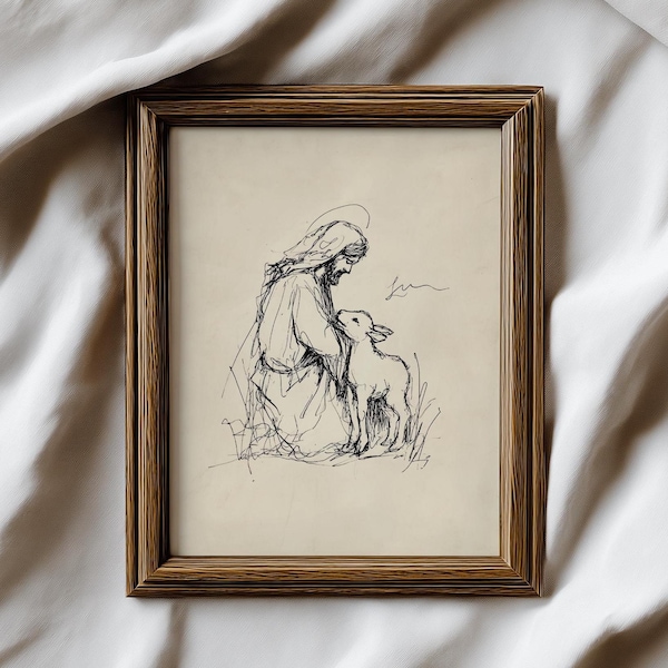 Jesus the Good Shepherd Print | Vintage Kneeling Christ Ink Sketch | Christian Wall Art | Lamb of God Minimalist Decor | Religious Print
