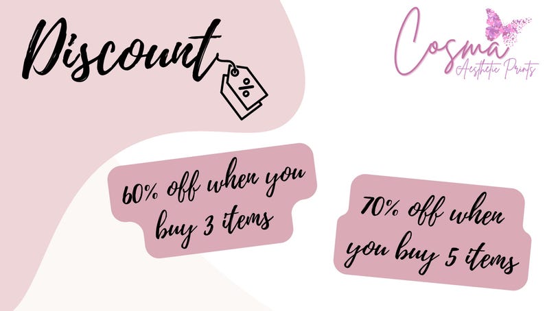 May include: Pink and white graphic with the text "Discount" and a tag with a percent symbol. The graphic also includes two pink boxes with the text "60% off when you buy 3 items" and "70% off when you buy 5 items".