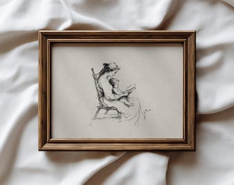 Moeder en kind lezen schets | Vintage moederschap muurkunst | Minimalistische lijntekeningen kinderkamerdecoratie | Antieke verhaaltijdillustratie
