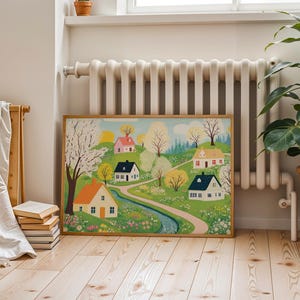 May include: A vintage-style illustration of a quaint village with colorful houses, winding paths, and a stream running through the center. The houses are surrounded by trees and flowers, creating a peaceful and idyllic scene.
