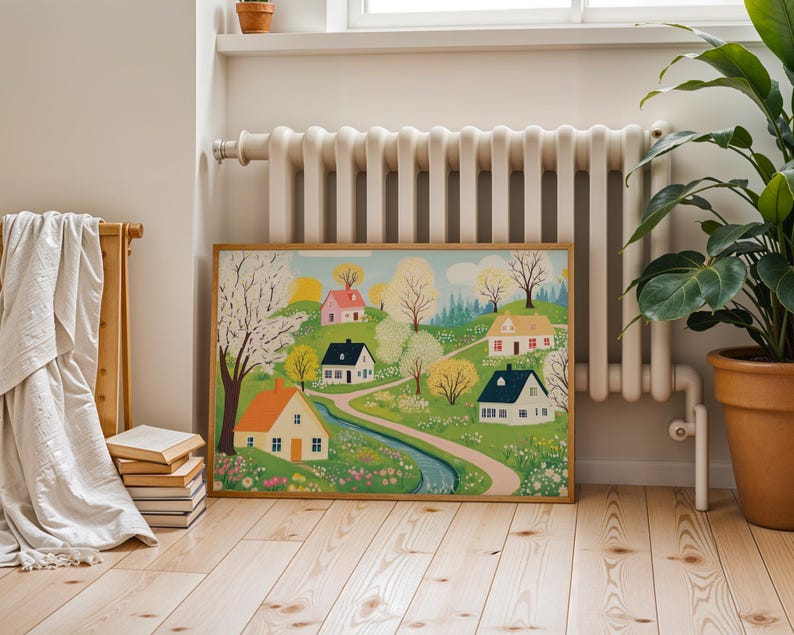 May include: A vintage-style illustration of a quaint village with colorful houses, winding paths, and a stream running through the center. The houses are surrounded by trees and flowers, creating a peaceful and idyllic scene.