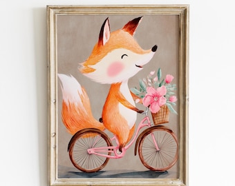 Whimsical Fox Riding Bicycle Print | Woodland Nursery Animal Art | Cute Forest Fox Wall Decor for Kids Room, Nursery room decor, Digital art