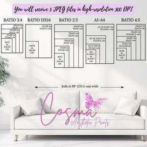 May include: A white sofa with two cushions, one featuring a pink butterfly design. The sofa is 99 inches (251.5 cm) wide. The image also shows a white wall with a diagram of different print sizes in inches and centimetres. The text "Cosma Aesthetic Prints" is visible in pink.