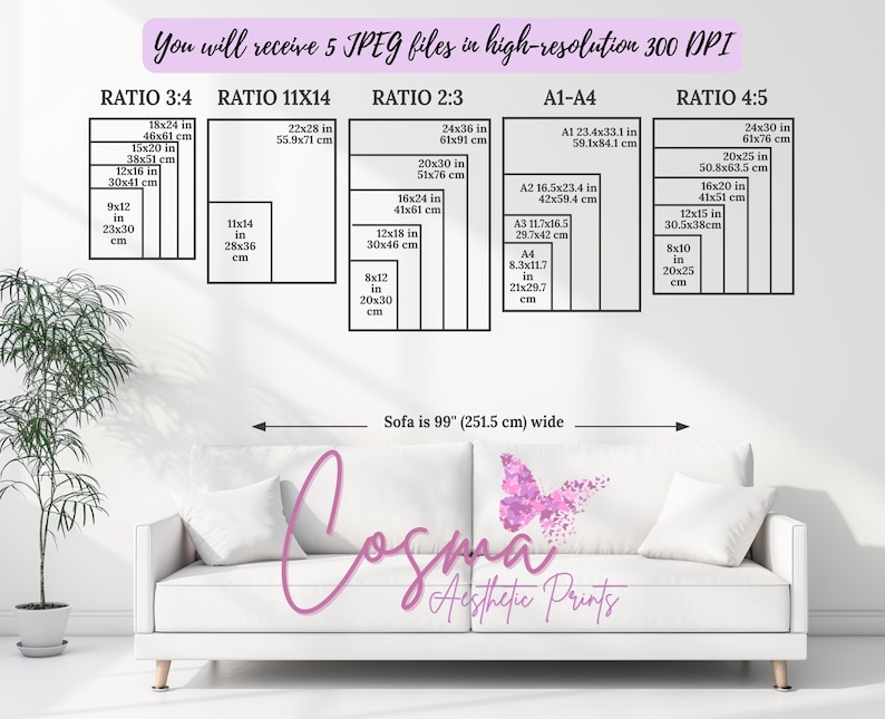 May include: A white sofa with two cushions, one featuring a pink butterfly design. The sofa is 99 inches (251.5 cm) wide. The image also shows a white wall with a diagram of different print sizes in inches and centimetres. The text "Cosma Aesthetic Prints" is visible in pink.