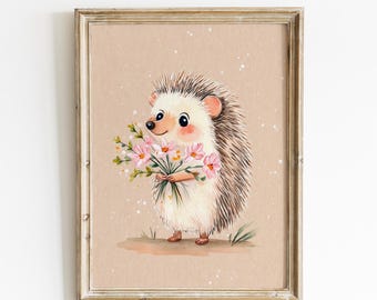 Whimsical Hedgehog Nursery Print – Woodland Animal Wall Art for Kids Room, Baby Shower Gift, Watercolor Forest Animal Illustration
