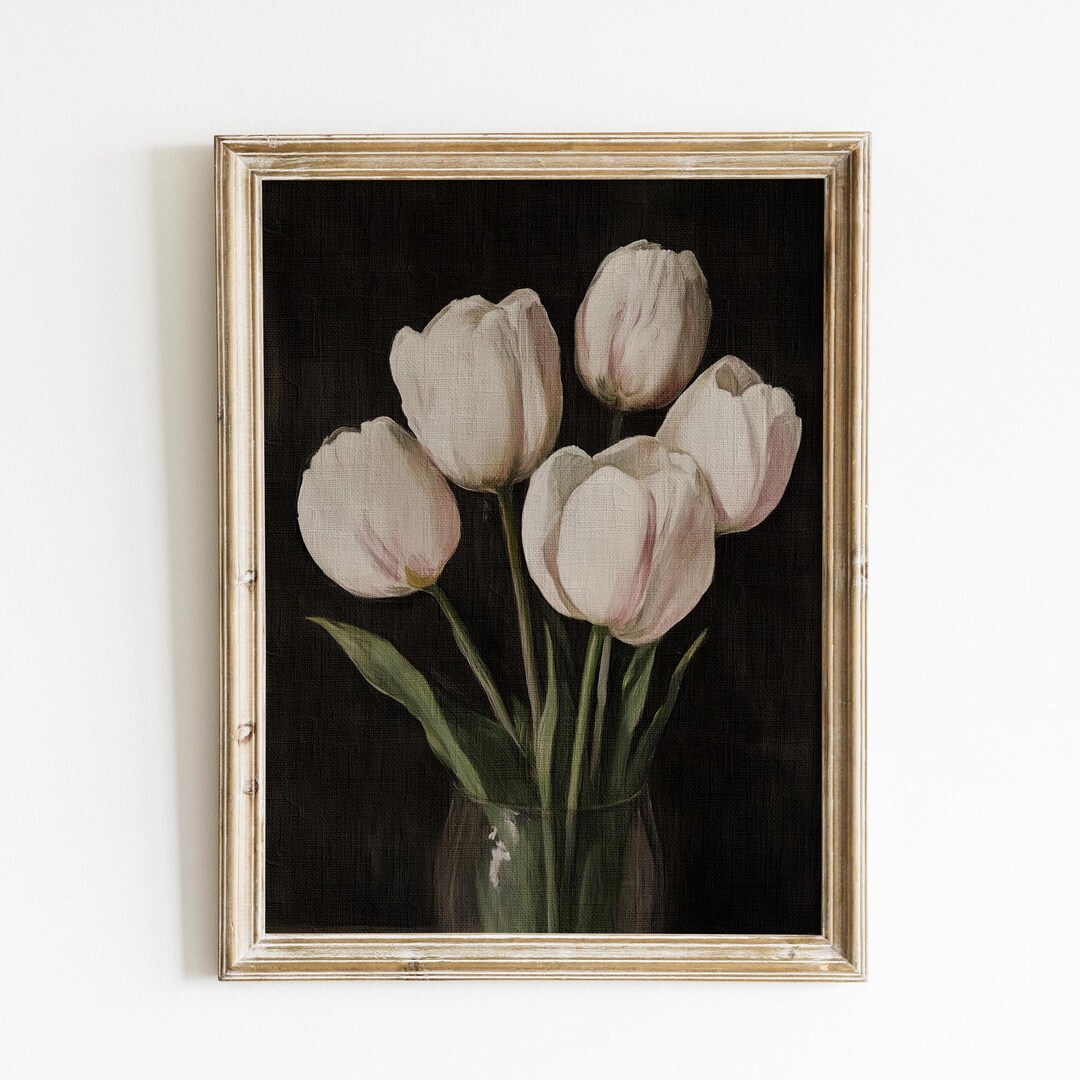 Vintage Tulip Oil Painting | Elegant Botanical Wall Art | Dark Academia ...