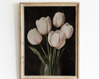 Vintage Tulip Oil Painting | Elegant Botanical Wall Art | Dark Academia Floral Still Life | Moody Floral Print | Vintage Tulip Print