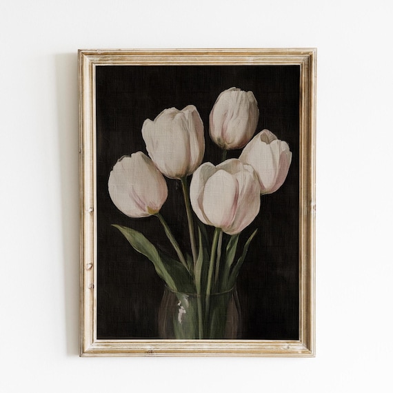 Vintage Tulip Oil Painting | Elegant Botanical Wall Art | Dark Academia Floral Still Life | Moody Floral Print | Vintage Tulip Print