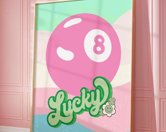 Pink Lucky 8 Ball Wall Art - Retro Pastel Aesthetic Instant Download, Printable art, Coquette Decor, Trendy wall art, Playful nostalgia