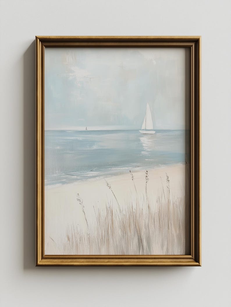 Vintage Coastal Sailboat Wall Art, Neutral Ocean Beach Painting Print ...