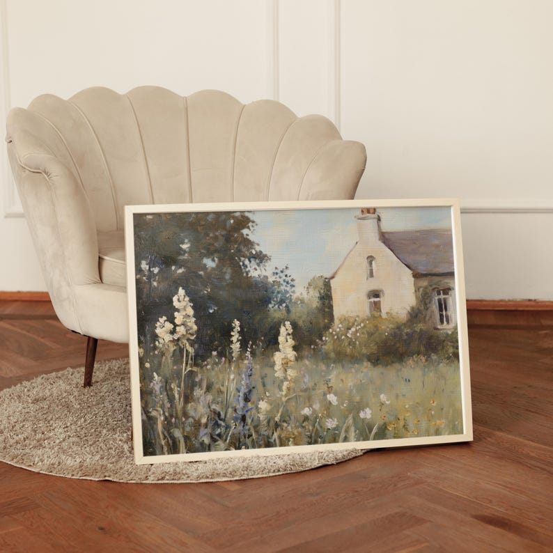 English Cottage Garden Oil Painting, Vintage Floral Landscape Wall Art ...