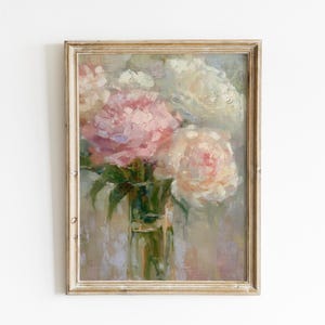 Blush Peonies in Glass Vase Printable Art, Romantic Floral Oil Painting, Soft Pastel Flower Wall Decor, Shabby Chic Digital Download
